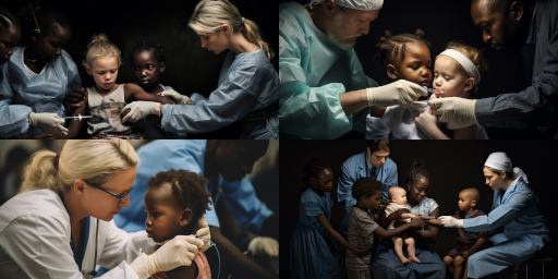 Image générée par MidJourney, d'un docteur administrant un vaccin à un enfant