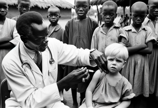 Image générée par l'API de Dall-e, d'un docteur administrant un vaccin à un enfant pauvre - photo noire et blanc