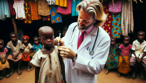 Image générée par l'API de Dall-e, d'un docteur administrant un vaccin à un enfant pauvre - photo couleur